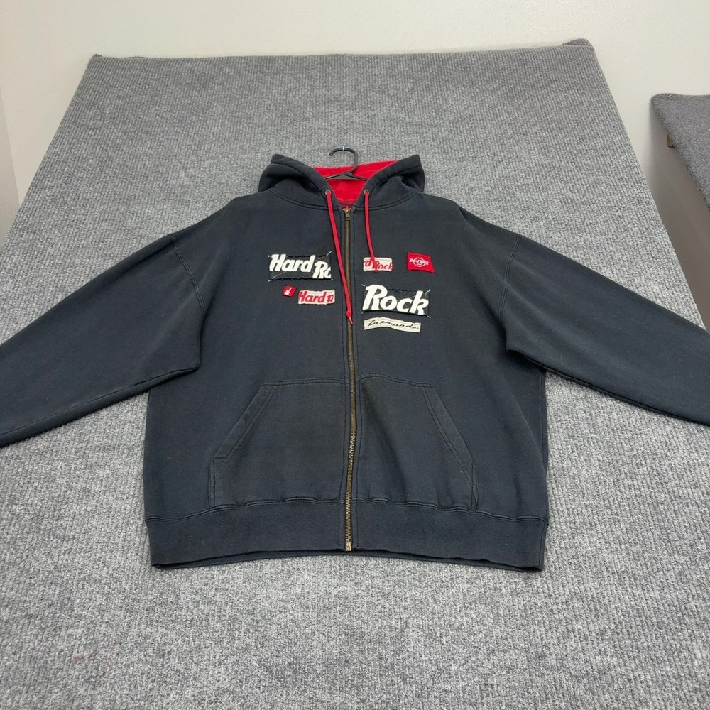 Hard Rock Cafe Hoodie Mens L Black Cotton Patchwork Full Zip Vintage Streetwear